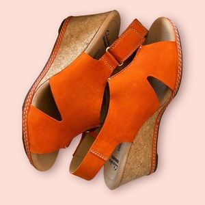 Orange and gold clasped open toe cork wedged heel